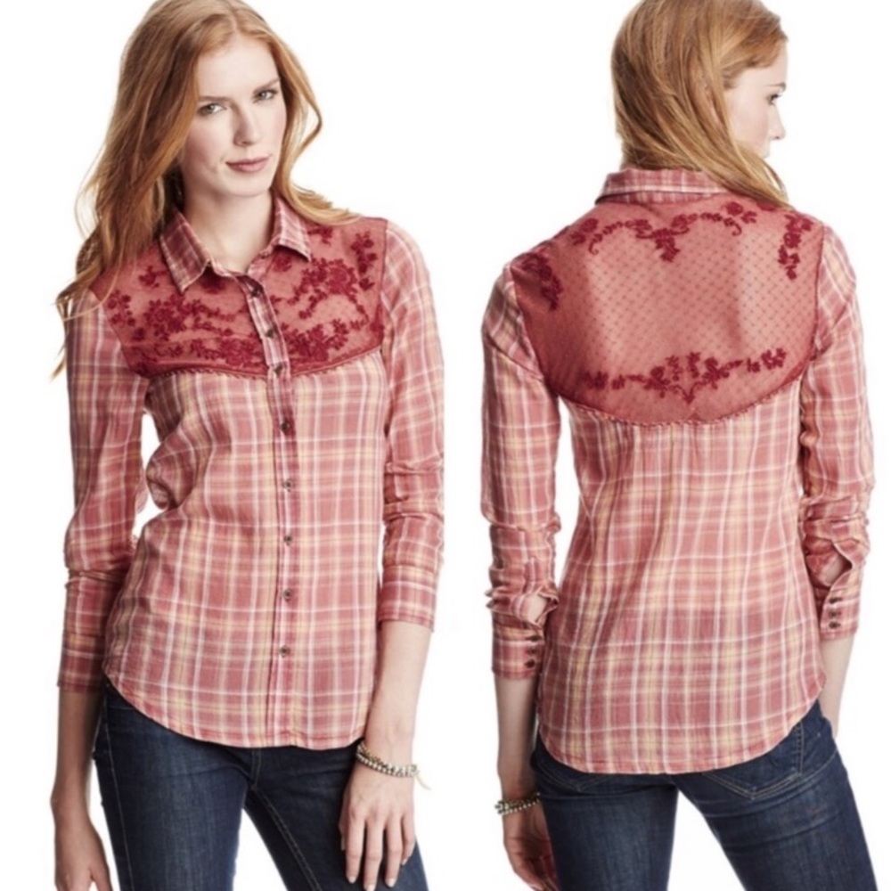 Free People lace and plaid button down shirt